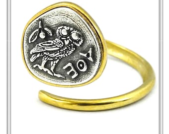 Tetradrachm Athena's Goddess owl coin adjustable ring on sterling silver oxidized and 18k gold filled. Athena's wisdom owl, museum replicas