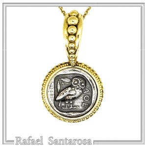 Owl coin tetradrachm pendant sterling silver oxidized with 18K gold-filled filigree decoration, Athena owl necklace, greek museum replicas.