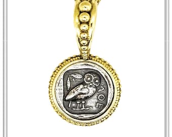 Owl coin tetradrachm pendant sterling silver oxidized with 18K gold-filled filigree decoration, Athena owl necklace, greek museum replicas.
