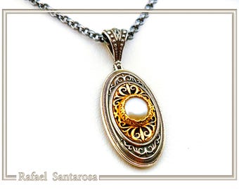 Byzantine Silver Filigree Pendant, Oxidized Sterling Silver with freshwater pearl in 18ct Gold Filled filigree Setting. Byzandine jewelry.