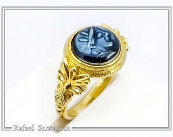 Goddess athena silver ring, enamel on sterling silver oxidized coin in 18ct gold filled silver ring. Greek mythology, greek museum replicas.