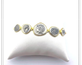 Beaded Greek coins bracelet Athena goddess face, Athena owl, Phaistos disc, Pegasus, Alexander the Great on 18 karat gold filled silver base
