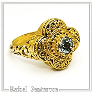 Natural brilliant cut topaz Byzantine Ring: Engraved and filigree Sterling Silver 18K Gold Filled