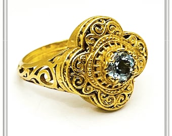 Natural brilliant cut topaz Byzantine Ring: Engraved and filigree Sterling Silver 18K Gold Filled