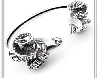 Ram head silver bangle bracelet, double rams greek bangle handmade sterling silver bracelet. greek God of nature pan panic Capricorn symbol.
