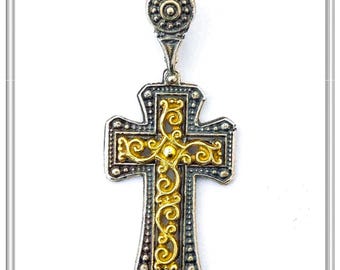 Byzantine Cross Necklace: 18k Gold Filled Filigree Silver Decoration on Oxidized Sterling Silver base