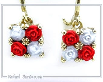 Red & White Roses Rose Flowers Shaped Alabaster Gems Drop Earrings: Sterling Silver 18K Gold-Filled