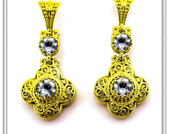 Byzantine filigree earrings 18 karat solid gold with natural topaz, amethyst, peridot or garnet. Dangle Drop Earrings with gold filigree.