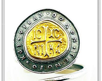 Solid gold 18 karat Jesus Christ is Victorious on oxidized sterling silver adjustable ring, protection pray Byzantine Constantinato talisman
