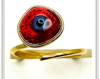Evil eye talisman adjustable ring handmade 18 karat gold filled sterling silver with transparent shiny enamel. evil eye protection talisman,
