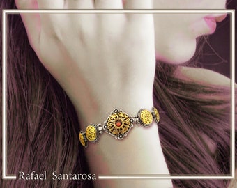 Oxidized Silver beaded bracelet with 18 carats gold filled silver Byzantine decoration and natural shiny peridot, garnet, topaz, or amethyst