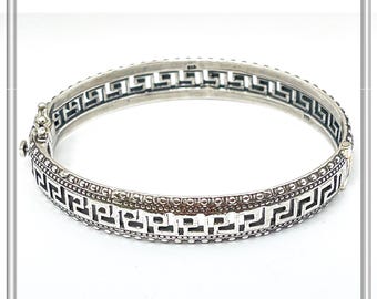 Greek Key Meander Oxidized Sterling Silver 925 Bangle Bracelet Handmade Artisan Jewelry Gift Women