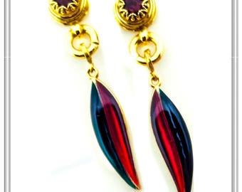 Coloured enamel leaves silver drop earrings 18 karat gold filled with natural garnet and transparent red & dark green enamel, olive earrings