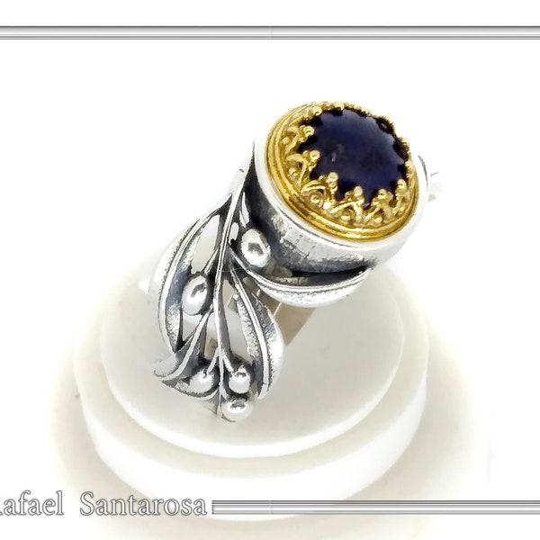 Olive branch lapis or pearl floral statement ring in oxidized sterling silver 925 with 18k gold filled filigree silver bezel. natural lapis.