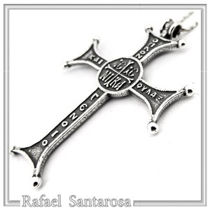 Byzantine protection cross jesus christ conquers christogram talisman pendant. holly mount monastery cross on oxidized solid sterling silver
