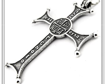 Byzantine protection cross Jesus Christ conquers Christogram talisman pendant. Holly Mount monastery cross made of oxidized sterling silver.