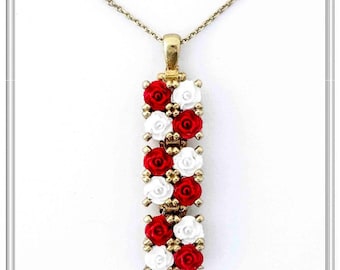 Rose flowers floral beaded silver pendant. Art deco floral charm 18 karat gold-filled silver necklace. Rose flowers on 3 linked silver beads