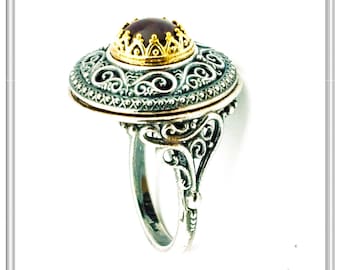 Garnet byzantinestatement ring,sterling silver  oxidized and 18 karat gold filled. Available with lapis lazuli amethyst or freshwater pearl.