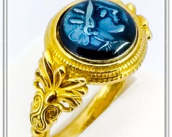 Goddess athena coin silver ring, blue enamel on sterling silver oxidized coin in 18 karat gold filled silver ring. Greek museum replicas.