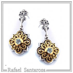 Byzantine silver earrings 18 karat gold filled filigree silver decoration and genuine garnet topaz peridot amethyst. Natural stones earrings