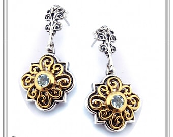 Byzantine Silver Earrings: 18ct Gold Filigree, Genuine Gemstone