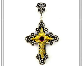 Amethyst Byzantine Cross: Oxidized Sterling Silver 18ct Gold Filled
