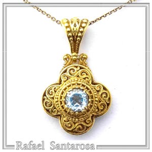 Byzantine Filigree Blue Topaz Pendant: 18k Gold Filled Sterling Silver Necklace