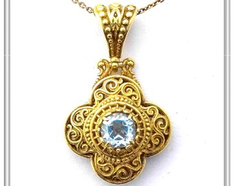 Byzantine Cross Style 18k Gold filled silver Pendant with Blue Topaz – Filigree and Engraved Handmade Necklace – Renaissance style for her