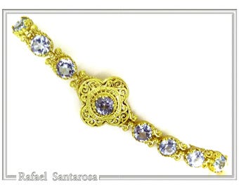 Byzantine filigree multistone 18 karat solid gold beaded bracelet natural brilliant cut gemstones sky blue topaz amethyst peridot red garnet