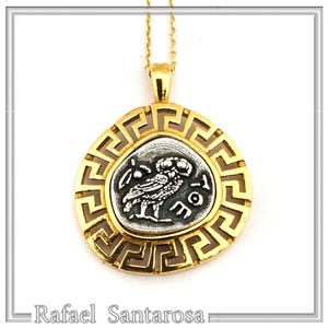 Athena Eulen Münzanhänger: Oxidiertes Silber, 18K Gold Filled griechischer Schlüssel