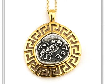 Athena Owl Coin Pendant: Oxidized Silver, 18K Gold Filled Greek Key