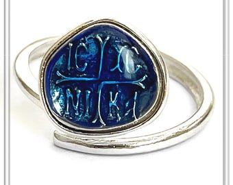 ICXC NIKA Adjustable Sterling Silver Ring, Jesus Christ Victorious Christogram Talisman with Blue Enamel on Silver, Protection prayer Ring.
