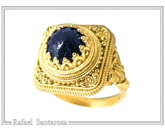 Lapis lazuli silver statement ring 18ct gold filled with byzantine filigree and granulation decoration, sterling silver pearl or lapis ring