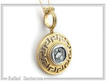 Athenian Tetradrachm Owl Pendant. Ancient Greek museum-inspired necklace, 18 karat gold-filled silver, Greek key wreath and filigree details