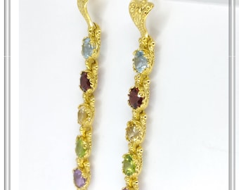 18 karat solid gold Byzantine filigree multi stone dangle drop chain earrings personalized natural topaz peridot amethyst garnet and citrine
