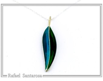 olive leaf silver pendant with blue and green transparent enamel, olive floral charm, olive leaf pendant, sterling silver floral necklace.