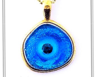 Evil eye protection talisman charm pendant, sterling silver necklace, good luck charm, sky blue enamel on solid silver 18 karat gold-filled