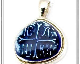 Jesus Christ Victorious Christogram talisman blue enamel on oxidized sterling silver. Constantinato necklace icxc nika protection cross coin