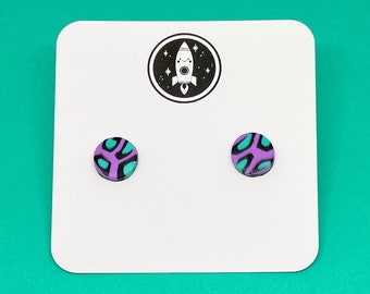 Super Seconds Leopard print studs, bright purple and teal animal print studs, bright and quirky patterned earrings