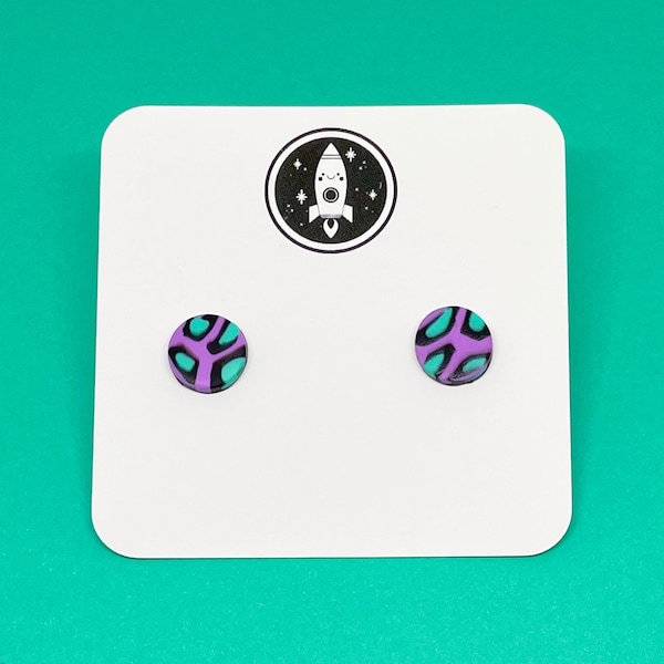 Super Seconds Leopard print studs, bright purple and teal animal print studs, bright and quirky patterned earrings
