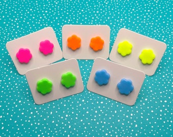 bright flower shaped stud earrings, neon floral studs, colourful flower earrings handmade from polymer clay