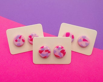 Pink and purple terrazzo style stud earrings handmade from polymer clay, pink and purple patterned studs colourful and bright