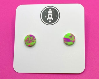 Green, purple and pink stud earrings, patterned neon studs, abstract patterned studs