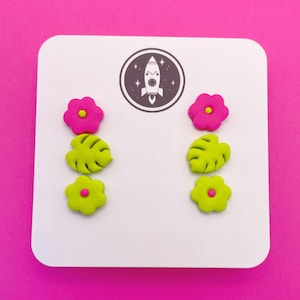 Super Seconds Botanical stud earring pack, pink and green flower and leaf studs, monstera plant studs