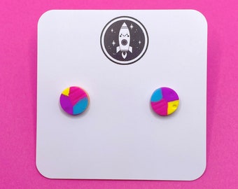 Blue pink yellow and purple earrings, bright abstract patterned textured studs