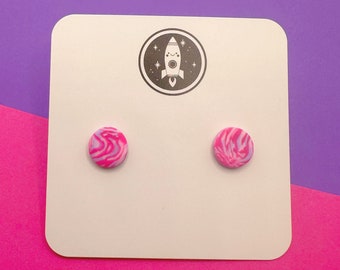 Pink and purple marbled pattern stud earrings, gorgeous pink and purple patterned studs handmade from polymer clay, pastel earrings