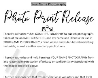 Photo Print Release Template, Photo Print Release Form, Photography Templates, Photo Rights, Print Release, Photography Business Forms