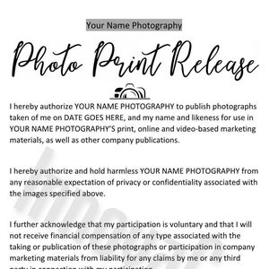 May include: A black and white photo release form with the text "Photo Print Release" in large bold letters. The form includes a section for the photographer's name, the date, and the client's signature.