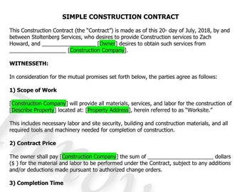 Simple Construction Contract Template, Construction, Handyman, Contract Template, Contractor Templates, Simple Template, Simple Contract