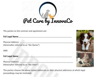 Puede incluir: Un contrato de acuerdo en blanco y negro para servicios de cuidado de mascotas. El documento incluye el título "Pet Care by Innova Co" y describe las responsabilidades del dueño de la mascota y del cuidador de mascotas.